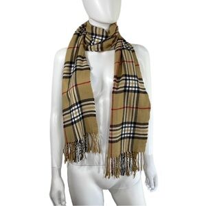 Cashmere Feel Camel New England Plaid Long Tassel Scarf